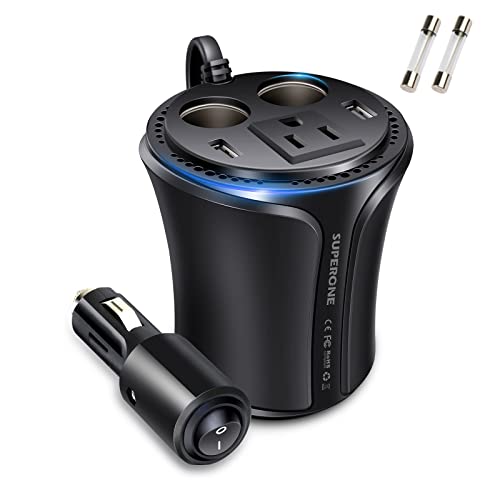 SUPERONE 150W Car Power Inverter DC 12V to 110V 120V Car AC Adapter Inverter 5-in-1 Cup Holder Design Dual USB Car Charger and 2 Car Power Adapter