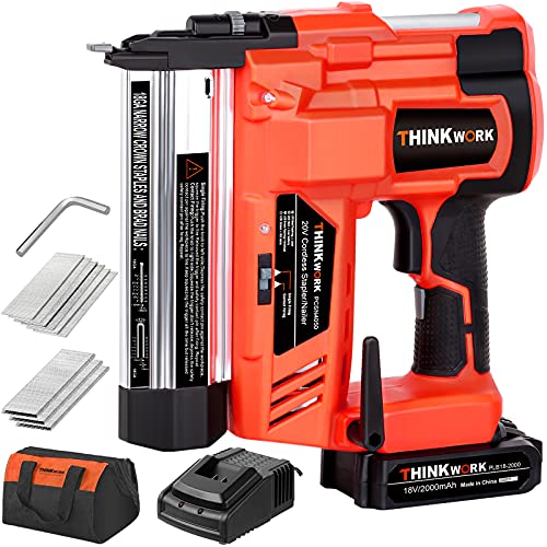 THINKWORK 20V 18 Gauge Cordless Brad Nailer, Durable Nail Gun Battery Powered - (2 in 1 Dual Mode) with Powerful Battery&Fast Charger, 1000 Nails, Single or Contact Firing for Woodworking, Renovation
