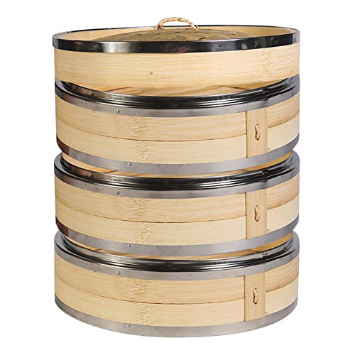 Hcooker 3 Tier Kitchen Bamboo Steamer with Double Stainless Steel Banding for Asian Cooking Buns Dumplings Vegetables Fish Rice