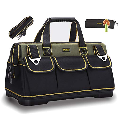 FASTECH 22-inch Wide Mouth Tool Bag with Water Proof Molded Base，Wide Mouth Tool Tote Bag,Waterproof Tool Organizer Bag for Men with Adjustable Shoulder Strap (22 inch)